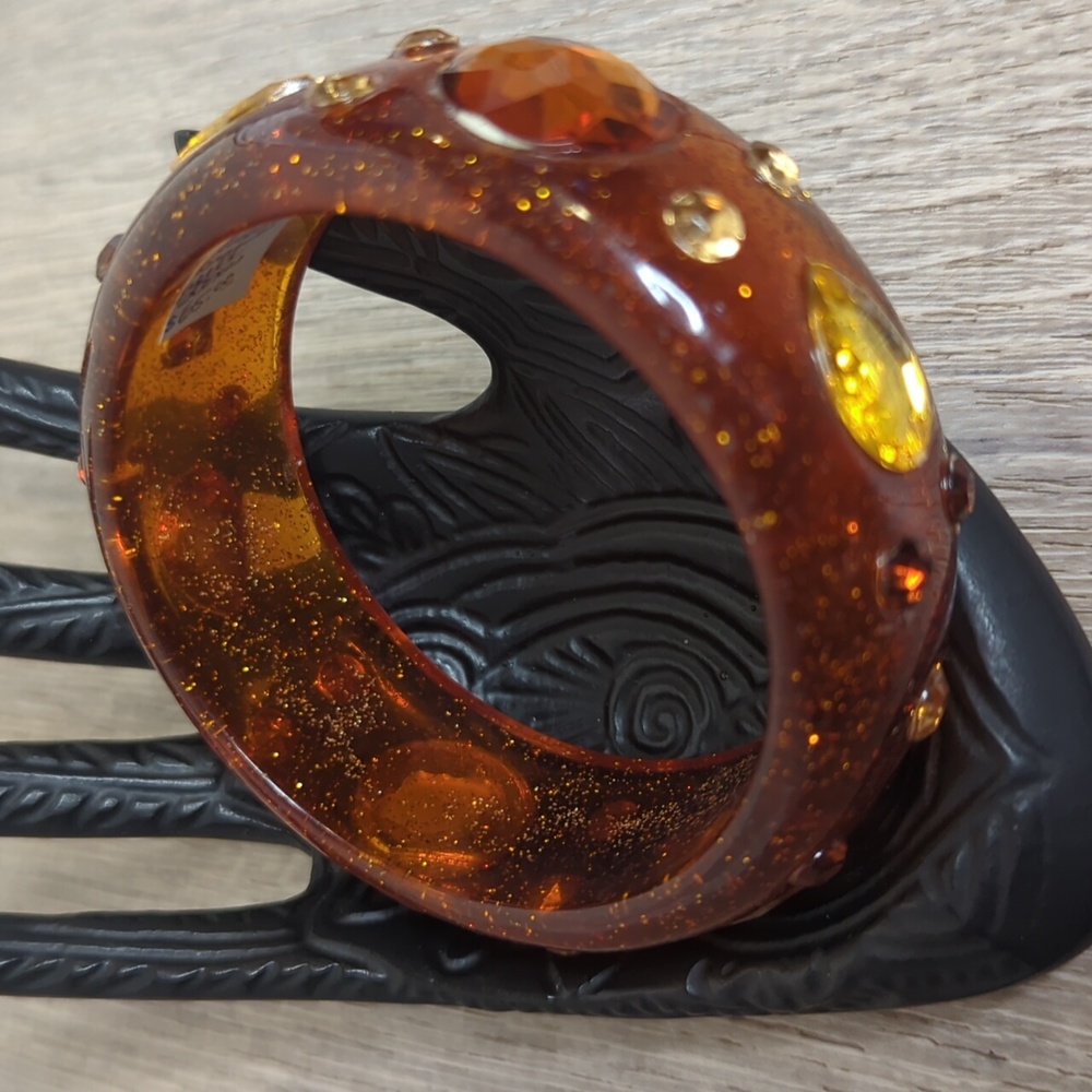 Vintage Lucite Glitter Amber Jeweled Bangle Bracelet - Picture 4 of 9